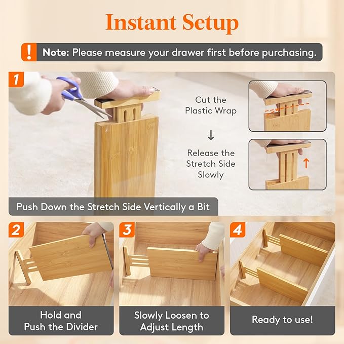 Lifewit 6" High 8 Pack Bamboo Drawer Dividers 33-42cm/13-16.5" Adjustable Wooden Drawer Organizer for Clothes/Utensils, Expan