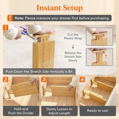 Lifewit 6" High 8 Pack Bamboo Drawer Dividers 33-42cm/13-16.5" Adjustable Wooden Drawer Organizer for Clothes/Utensils, Expan