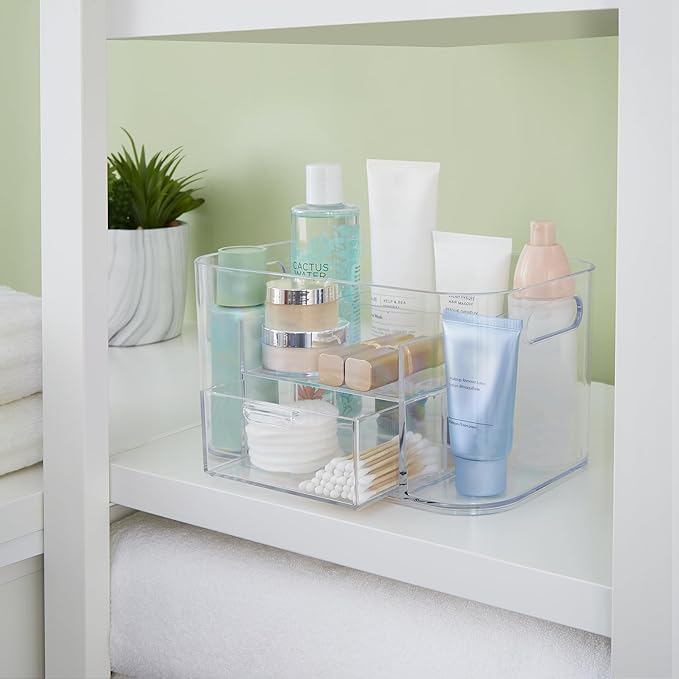 STORi Bliss Clear Makeup Organizer for Countertop, Divided Bathroom Organizer & Storage Drawer, Makeup Brush Holder, Cosmetic