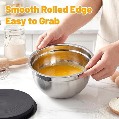 Beasea Stainless Steel Mixing Bowl Set of 3, 2 QT Stackable Metal Mixing Bowls with Lids for Baking, Prepping, Serving, Stainless Nesting Bowl with Black Lids for Kitchen, Salad, Dough