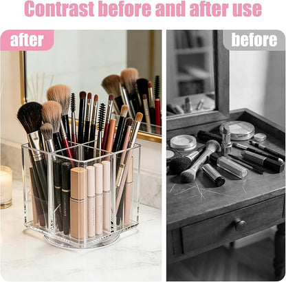 Acrylic Makeup Brush Holder, Clear Rotating Makeup Brush Holder Organizer with 4 Slots, Square Makeup Brush Cup for Vanity De