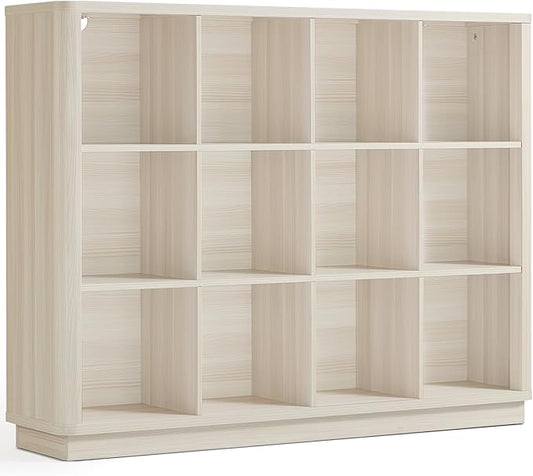 Joaxswe 12 Cube Storage Organizer, 41" Large Bookshelf with Curved Edge, Wood Floor Standing 3-Tier Cubby Bookcase w/Base, Mo