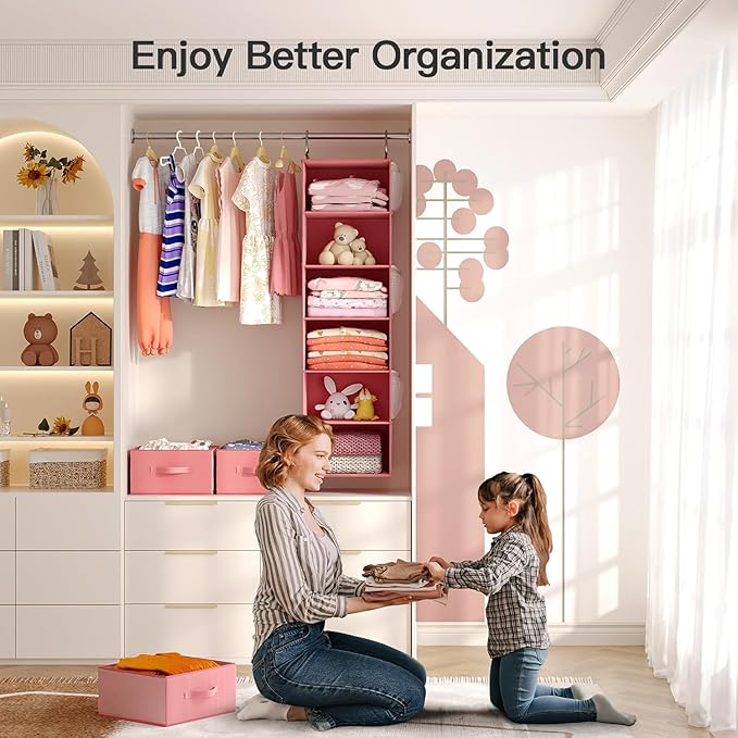 Pipishell Hanging Closet Organizer 6-Shelf, Hanging Shelves for Closet with 3 Removable Drawers & Side Pockets for Bedroom, G
