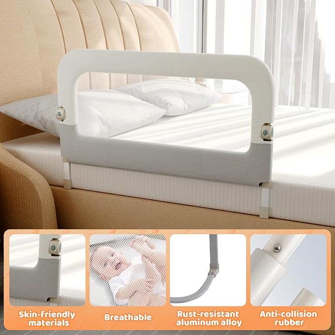 omzer Large Bed Guard Rail for Toddlers - 59inch Foldable & Adjustable Heights Baby Bed Safety Railing - Toddler Long Bed Rai