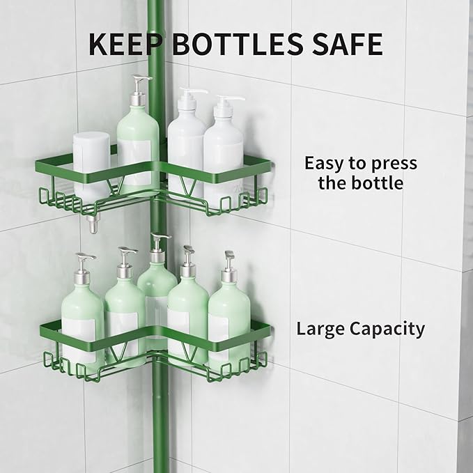 KEGII Shower Caddy Tension Pole, 4-Tier Rustproof Adjustable Corner Bathroom Organizer for Renters, 25–114.2 Inch No Drill Sp