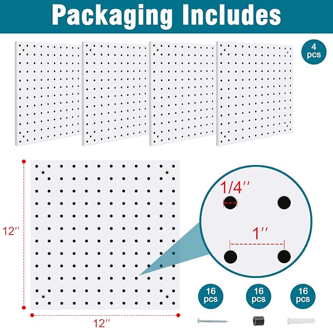 4 Pack Steel Peg Board,Universal 1/8 and 1/4 Pegboard Accessories,Ideal for Garage Tool Storage, Office Organization, Craft R