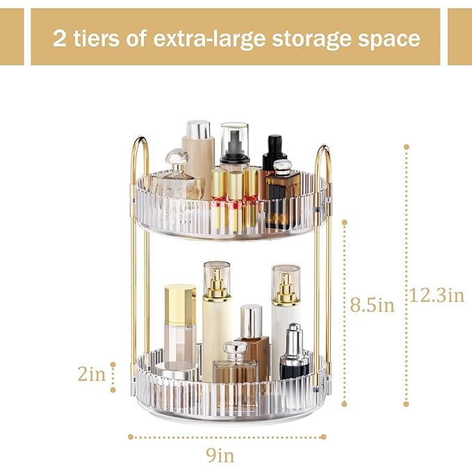 MOKANI 360 Rotating Makeup Organizer for Vanity, 2 Tier Adjustable Perfume Organizer for Dresser, Multi-Function Spinning Cos