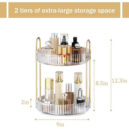 MOKANI 360 Rotating Makeup Organizer for Vanity, 2 Tier Adjustable Perfume Organizer for Dresser, Multi-Function Spinning Cos