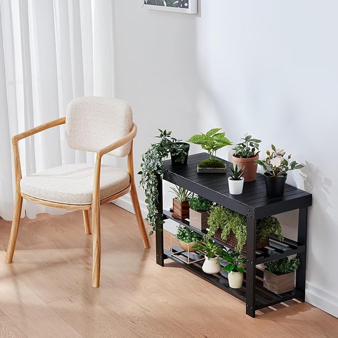 Pipishell Bamboo Shoe Rack Bench, 3 Tier Sturdy Shoe Organizer, Storage Shoe Shelf, Holds up to 300lbs for Entryway Bedroom L