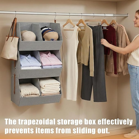 1 Pack,Hanging Closet Organizer 3 Tier,Disassemblable Clothes Hanging Shelves,Space-Saving Closet System, Fabric Storage Bins