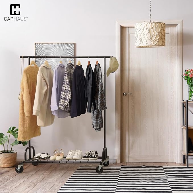 CAPHAUS Heavy Duty Clothes Rack, 440LBS Capacity Rolling Clothing Rack for Hanging Clothes, Adjustable Metal Wardrobe Rack, P