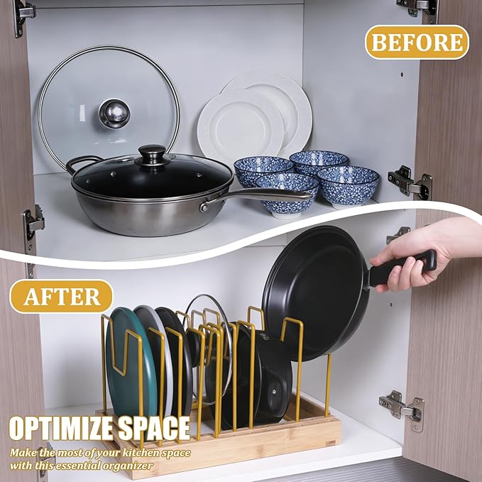 Bamboo Pot Lid Organizer Pot Lid Holder, Pot and Pan Organizer Drawer Organizer for Pot Lids, Pans, Cutting Boards & Baking Sheets, Dinner Plates, Reusable Containers in Cabinet Storage