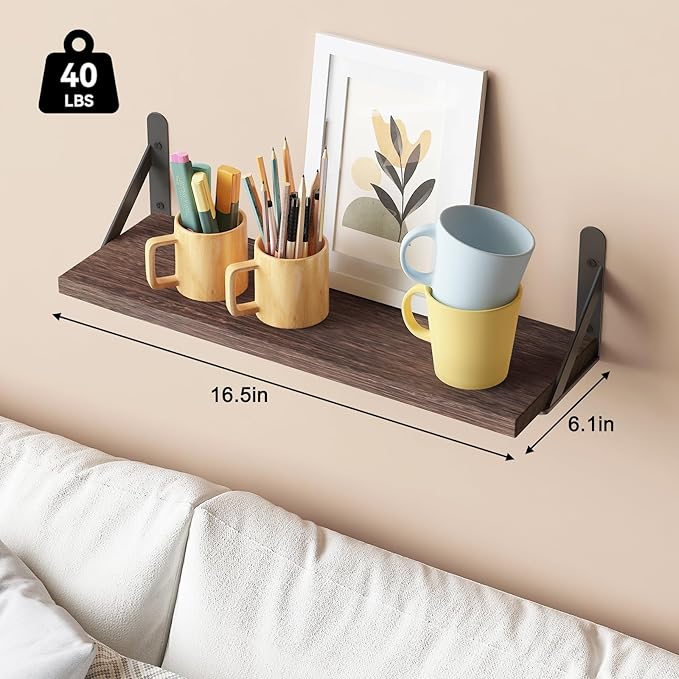 YGEOMER Brown Floating Shelves for Wall, 16.5 Inch Farmhouse Wall Shelves for Bedroom, Bathroom Storage, Living Room and Kitc