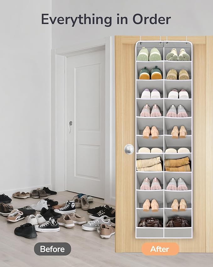 ULG Over The Door Shoe Organizer for Closet Fit 24-32 Pairs with Large Deep Pockets, Narrow Shoe Rack for Door Hanging Boots 