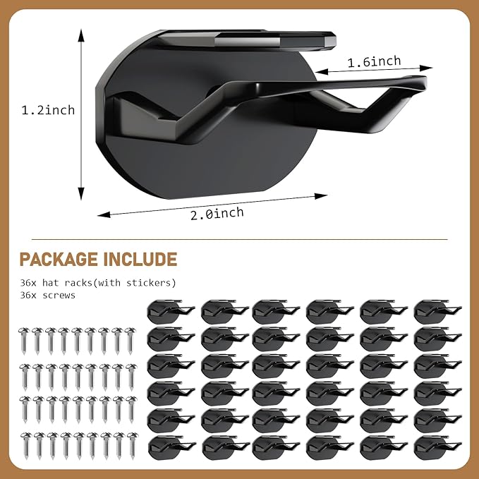 36 Pack Adhesive Hat Hooks for Wall, Super Strong Hat Rack for Baseball Caps, Hat Organizer Display for Home Decor, Hat Hange