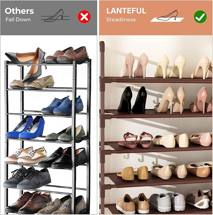 LANTEFUL Tall Shoe Rack 10 Tier Shoe Organizer Large Shoe Shelf with 18 Hooks Storage for 50 Pair Sneaker and Boot, Stackable