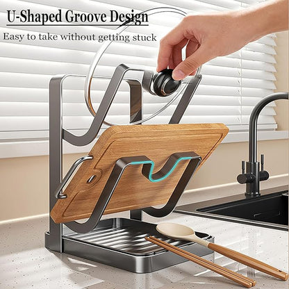 Kitchen Pot Lid Storage Rack, Carbon Steel Pot Lid Holder with Spoon Rest While Cooking, Multifunctional Kitchen Organizer Stand for Counter Top with Removable Drip Tray