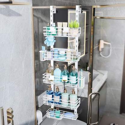 Consumest Over The Door Shower Caddy - 5 Tier Adjustable Shower Organizer Hanging with 2 Toothbrush Holders & 4 Hooks, Rustpr