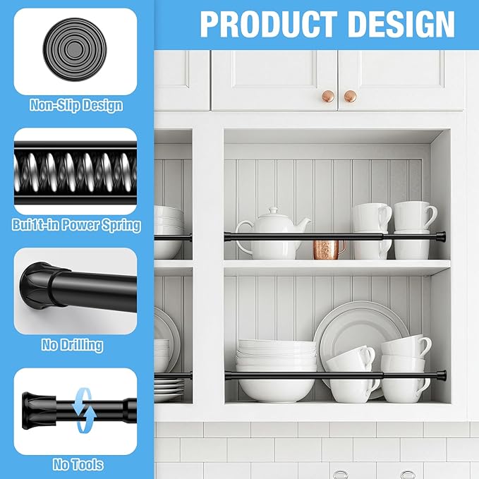 6 Pack Spring Tension Rods 28-43 Inches,5/8" Diameter Black Spring Load Adjustable Expandable,Small Short Tension Curtain Rod