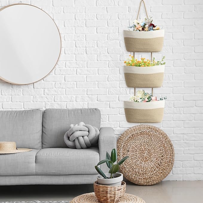TeoKJ Over the Door Hanging Basket, 3-Tier Woven Cotton Wall-Mounted Storage Organizer Bag Decorative Hanging Nursery Baskets