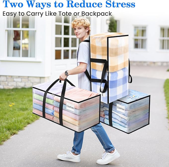 BlissTotes 8-Pack Large Moving Bags with Backpack Straps & Strong Zippers, Heavy-Duty Storage Bags Moving Boxes for Space Sav