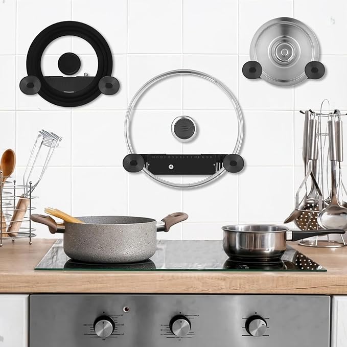 YONGAIJIA New Upgrade 4 Pack Adjustable Pot Lid Holder, Lid Organizer Fits 6" to 14" Lids, with Screw Hole Position and Sticky Wall Mounted Lid Storage Kitchen Cabinets, Cabinet Doors (Black)