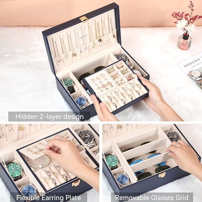 LANDICI Jewelry Box Organizer for Men Women, 2 Layer 4 Slot Watch Storage Case with Removable Tray, PU Leather Large Jeweller