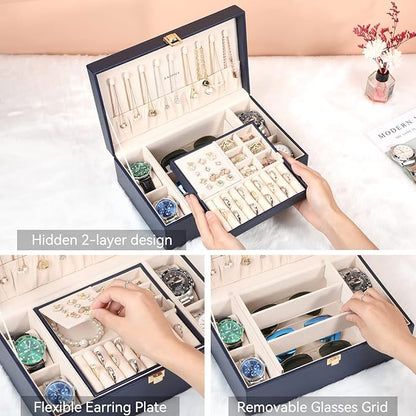 LANDICI Jewelry Box Organizer for Men Women, 2 Layer 4 Slot Watch Storage Case with Removable Tray, PU Leather Large Jeweller
