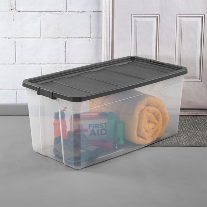 Sterilite 12-Pack Modular Stacker Box, Durable Clear Plastic Storage Bins with Latching Lids, 200 Quart - Stackable Organizin