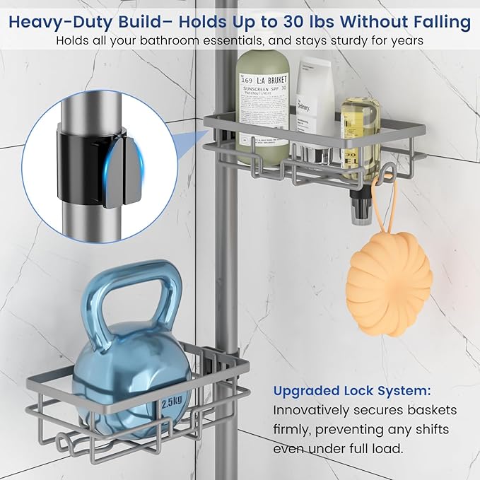 Corner Shower Caddy Organizer Tension Pole, Adjustable 6 Shower Shelves Corner Shelf 30-120Inch Rustproof Shower Rack for Ins