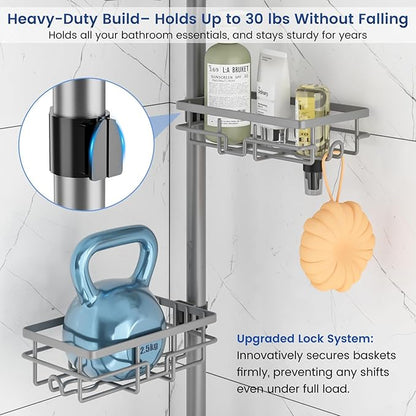 Corner Shower Caddy Organizer Tension Pole, Adjustable 6 Shower Shelves Corner Shelf 30-120Inch Rustproof Shower Rack for Ins