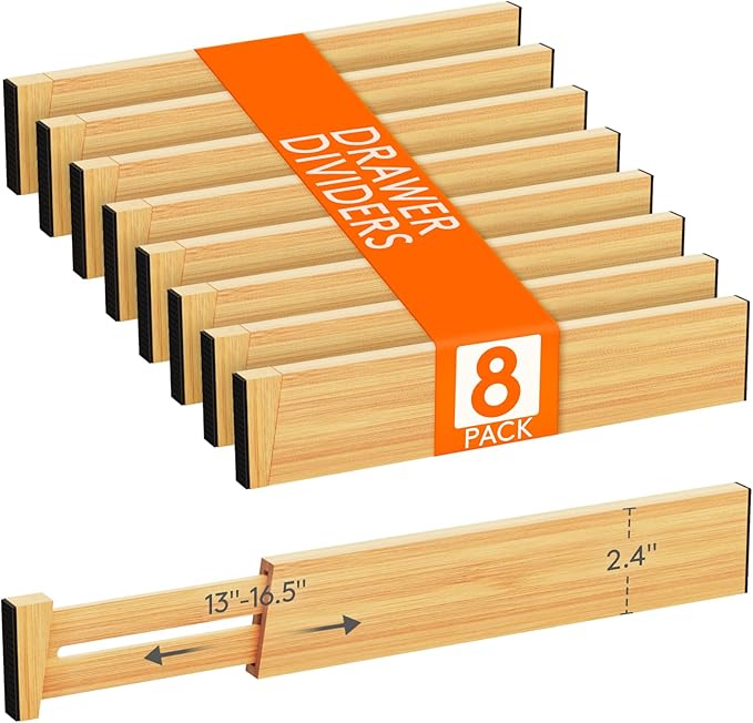 Lifewit 2.4" High 8 Pack Bamboo Drawer Dividers 33-42cm/13-16.5" Adjustable Wooden Drawer Organizer for Clothes/Utensils, Exp
