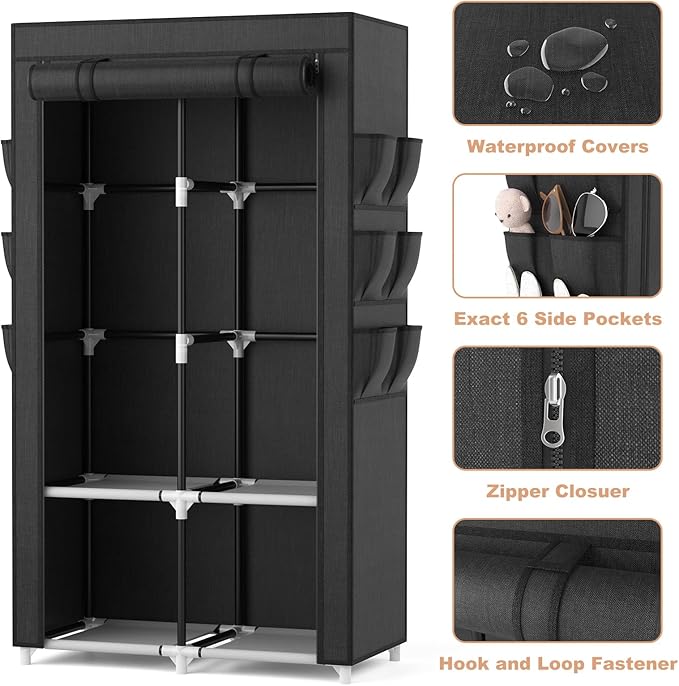 VTRIN Portable Closet Wardrobe Closet for Hanging Clothes with 4 Storage Shelves, 2 Hanging Rods and 6 Pockets, Stable and Ea