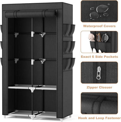 VTRIN Portable Closet Wardrobe Closet for Hanging Clothes with 4 Storage Shelves, 2 Hanging Rods and 6 Pockets, Stable and Ea