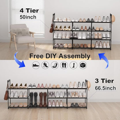 3 Row 4 Tier Long Shoe Rack, Black Metal Stackable Shoe Shelf with Multifunctional Hooks, Shoe Storage Hold 24-30 Pairs, Spac