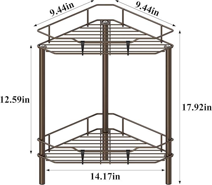 HuggieGems 2 Tier Floor Standing Corner Shower Caddy Organizer Shelf with Hooks, Bathroom Shelves Stand Rack, Bronze
