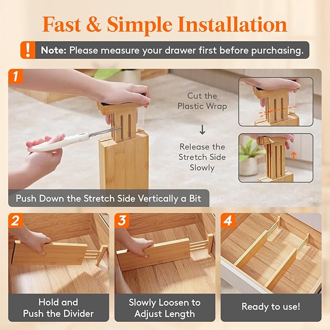 Lifewit 4" High 8 Pack Bamboo Drawer Dividers 31-40cm/12-16 Adjustable Wooden Drawer Organizer for Clothes/Utensils, Expandab