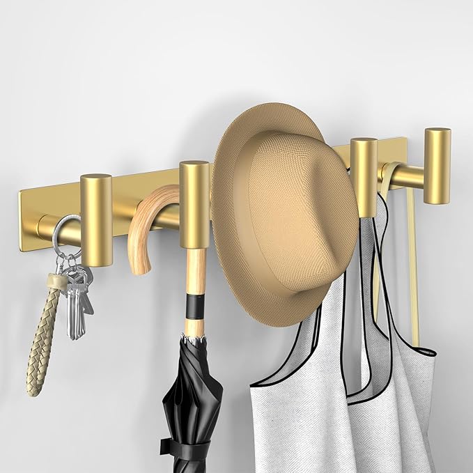 VAEHOLD Hat and Coat Wall Mount Rack - Hooks for Robes, Bags, Keys, and Towels - Bathroom Towel Hanger Organizer (Gold, “T“ S