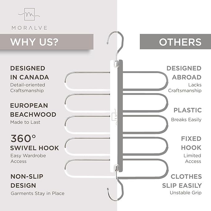 MORALVE Pants Hangers Space Saving - 2 Pack European Beechwood Scarf and Jean Hangers - Closet Organizer and Space Saver Pant
