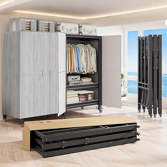 Heavy Duty Covered Clothes Rack with Magnetic Door Foldable Portable Wardrobe Closet for Hanging Clothing Rolling Black Metal