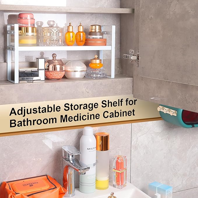 Small Expandable Medicine Cabinet Shelf, 3.58” Wide Metal Storage Stand with Adjustable Layers & Non-Slip Pads for Kitchen, P