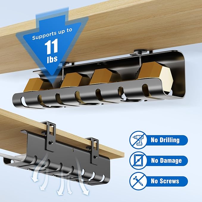 2 Pack No-Drill Under Desk Cable Management Tray 33.8 inch Large Wire Cord Organizers, Cable Management Under Desk for Home and Office No Damage Black