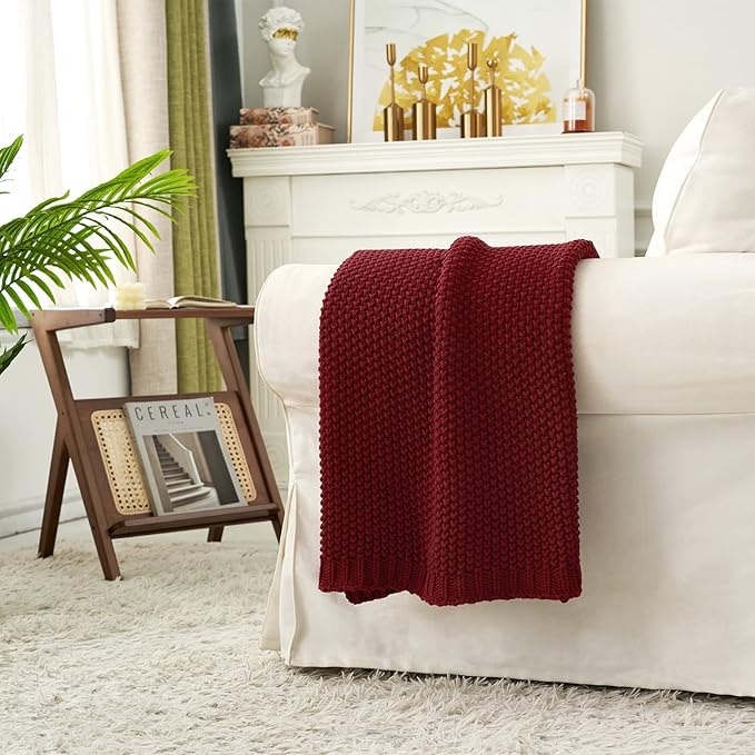 Chunky Cable Knit Throw Blanket Lightweight Wine red 100% Organic Cotton Blanket for Sofa Couch Bed Baby Nursery, Rustic Shab