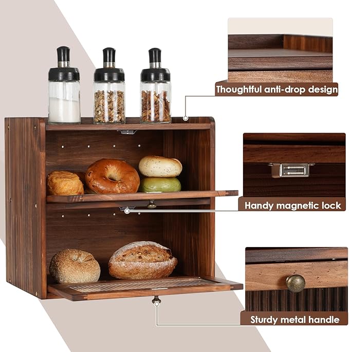 Sunhoo Bread Box for Kitchen Countertop Wooden Bread Storage Container Bin 2 Layer Breadbox Holder Large Capacity Keeper Vint