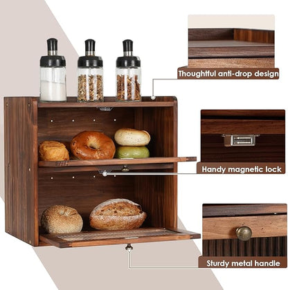 Sunhoo Bread Box for Kitchen Countertop Wooden Bread Storage Container Bin 2 Layer Breadbox Holder Large Capacity Keeper Vint