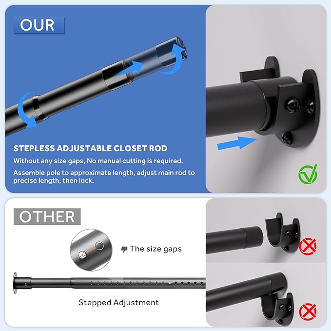 Closet Rod, 17 to 38 Inch Adjustable Closet Bar for Hanging Clothes, Heavy Duty Clothes Hanging Rod Closet Poles for Wardrobe