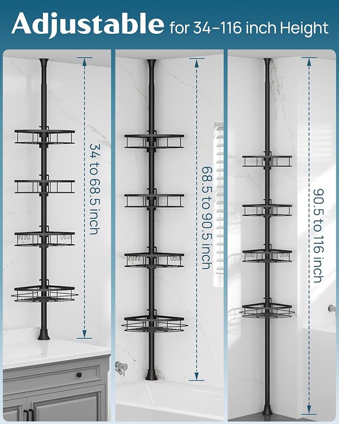 SEIRIONE Corner Shower Caddy Tension Pole, Rustproof Bathroom Shower Organizer Corner, 4-Tier Adjustable Bathroom Shelf, Soli