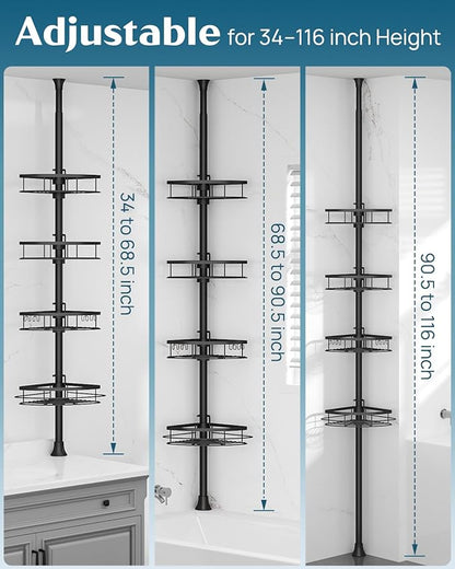 SEIRIONE Corner Shower Caddy Tension Pole, Rustproof Bathroom Shower Organizer Corner, 4-Tier Adjustable Bathroom Shelf, Soli