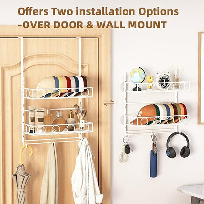 Over Door Hat Organizer 3 Tier Wall Mounted Hat Rack with 2 Adjustable Metal Basket and 3 Hooks Hat Organizer for Baseball ca