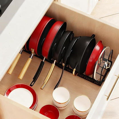 2 Pack Expandable Pot and Pan Organizer (11.8"-23") for Kitchen Cabinet - Under Sink Storage Rack with 13 Adjustable Dividers for Lids, Baking Sheets - Black & White, Tool-Free Assembly
